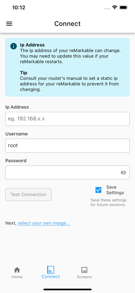Notable Utility - Connection setup screen in Notable Utility app for linking with a reMarkable tablet