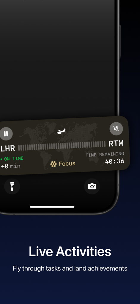 FocusFlight - Deepfocus Timer - Atividade ao vivo do aplicativo FocusFlight na tela de bloqueio do iPhone mostrando um temporizador de foco com tema de aviação e tempo restante