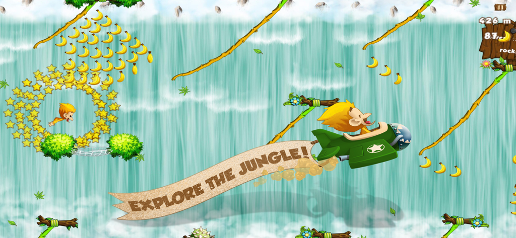 Benji the monkey flying a green airplane over a jungle waterfall with a banner that says Explore the Jungle