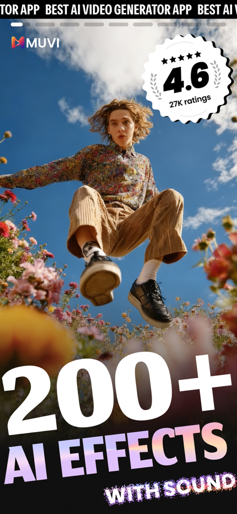 AI Video Maker & Editor - Muwi - Muwi AI video maker app interface featuring over 200 effects and a cinematic jumping visual