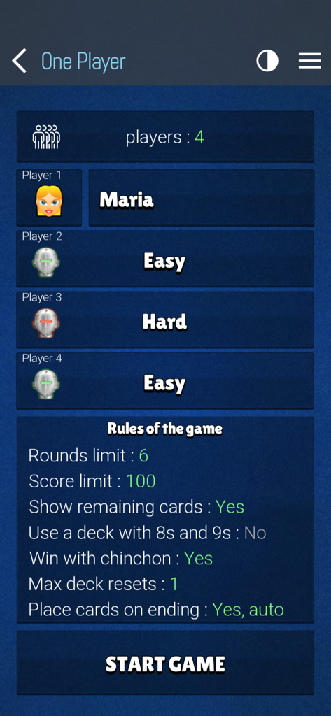 Pantalla de configuración del juego Chinchon cards con reglas personalizables y ajustes de jugador.
