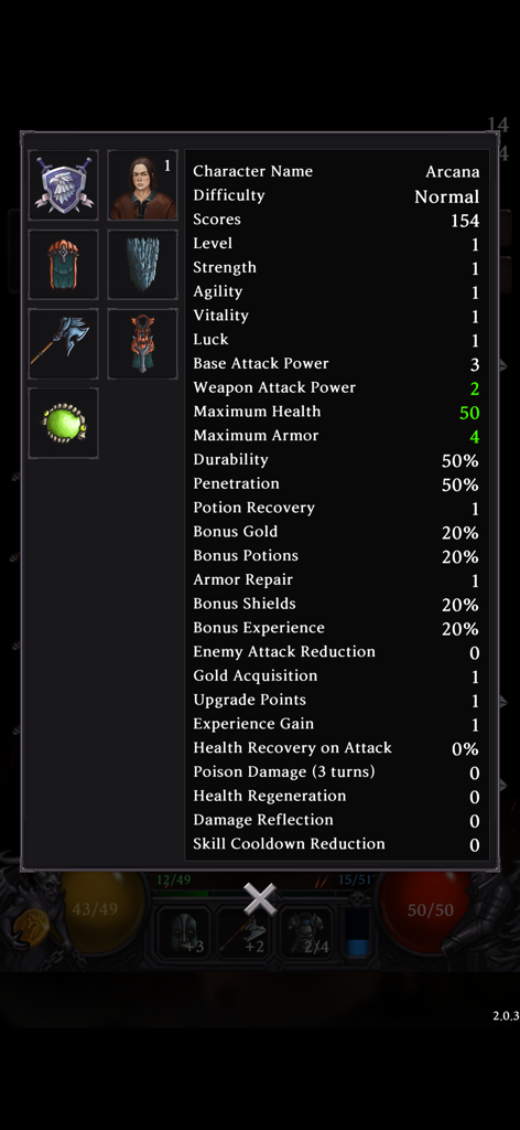 Detailed character statistics and equipment menu in Dungeon Tracer