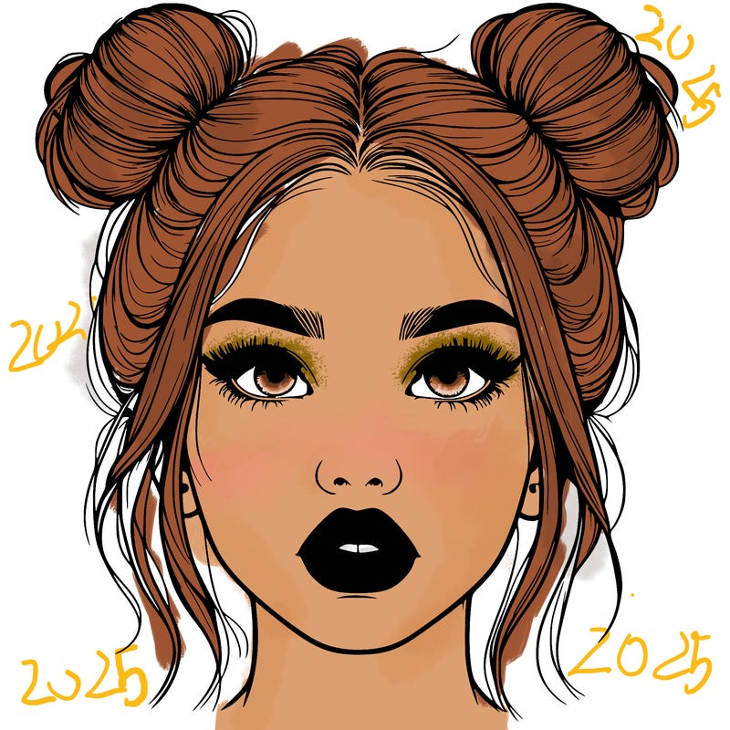 realistic girl with two buns on her hair and lips