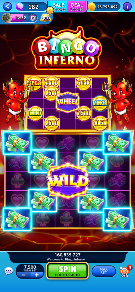 Jackpot Madness Slots Casino - Jackpot Madness Slots Casino gameplay screen showing the Bingo Inferno slot machine with cartoon devils and cash symbols