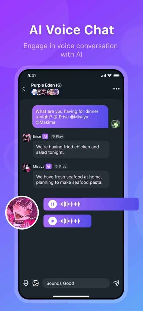 HiWaifu: AI Friend & Waifu Hub - Interfaz de la app HiWaifu mostrando chat de voz IA con múltiples personajes de anime en una conversación grupal