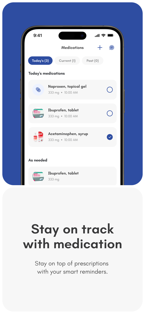 Caring Village - Smartphone screen showing the Caring Village medication management interface with daily prescription reminders