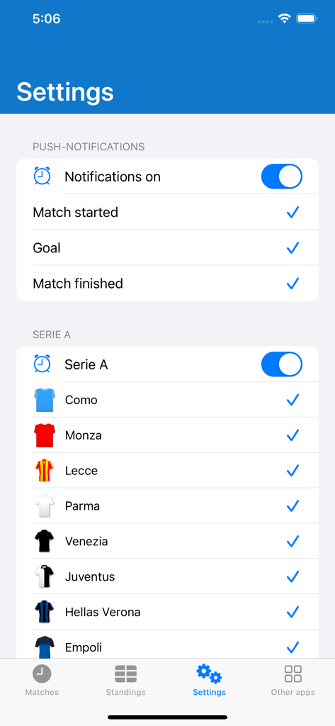 Live Scores for Serie A App - セリエAライブスコアアプリの設定画面、ゴールとイタリアのチームのプッシュ通知トグル付き