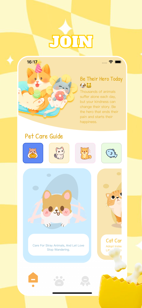 The home screen of the Inzo app featuring a pet care guide and animal rescue stories with cute animal illustrations.