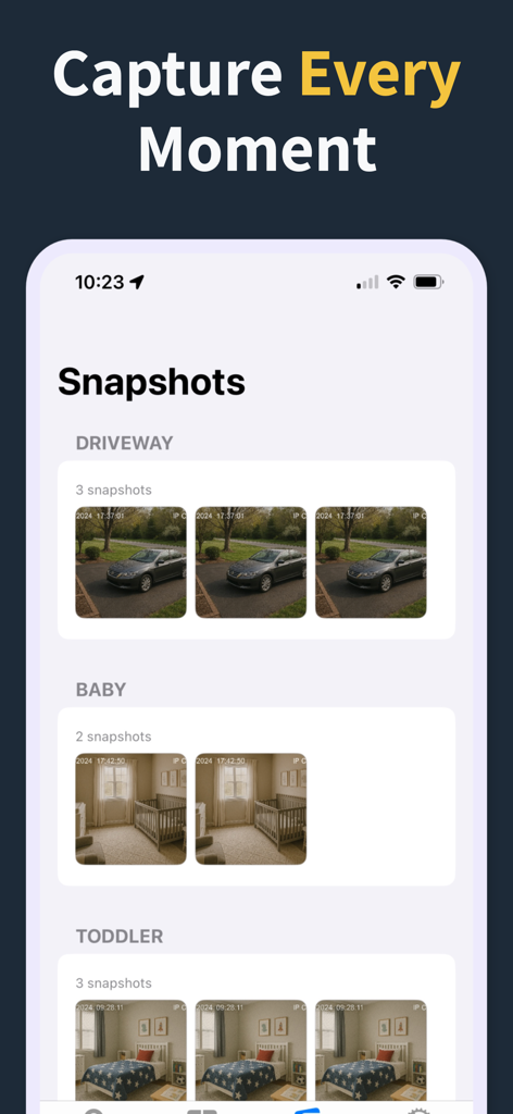 IP Camera Viewer & Monitor - IP Camera Viewer app snapshots screen displaying captured images from driveway and nursery cameras