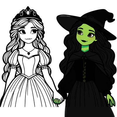 a princess and a witch holding hands realistic