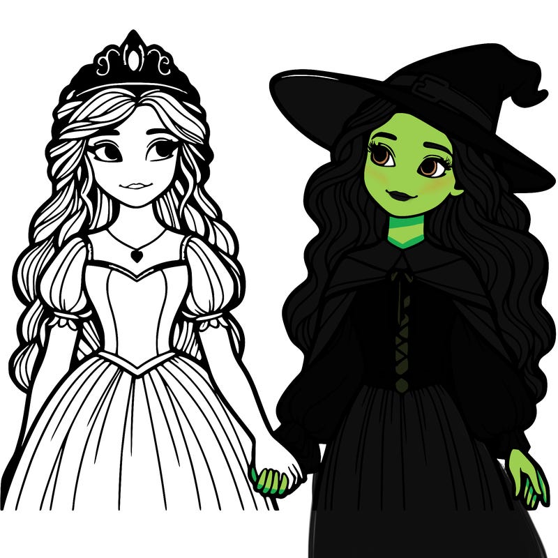 a princess and a witch holding hands realistic