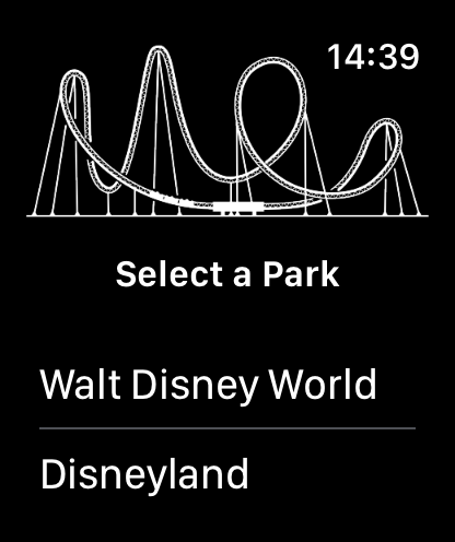 Queue Kingdom - Queue Kingdom Apple Watch interface for selecting between Walt Disney World and Disneyland.
