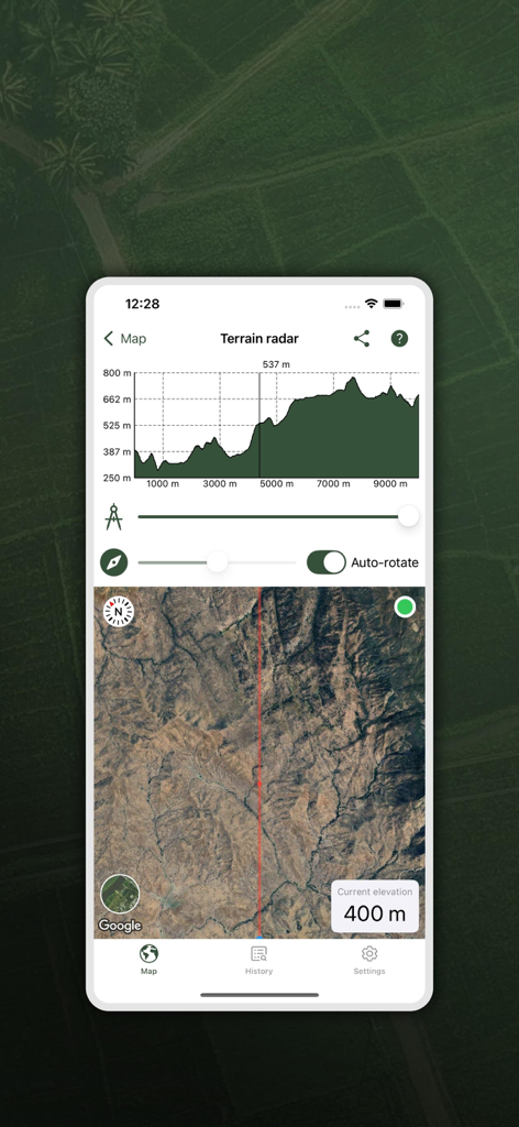 My GPS Area Calculator - Application Mon Calculateur de Surface GPS affichant un radar de terrain avec un graphique de profil d'élévation et une vue de carte satellite pour la mesure professionnelle de terrain
