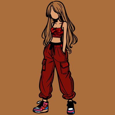 girl in baggy pants crop top and long hair