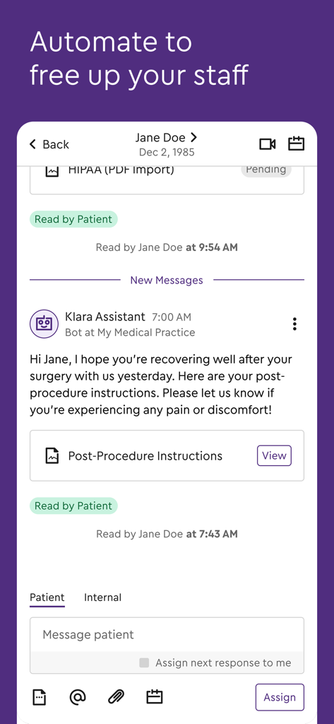 Interface of the Klara app showing an automated medical follow-up message with post-procedure instructions sent to a patient.
