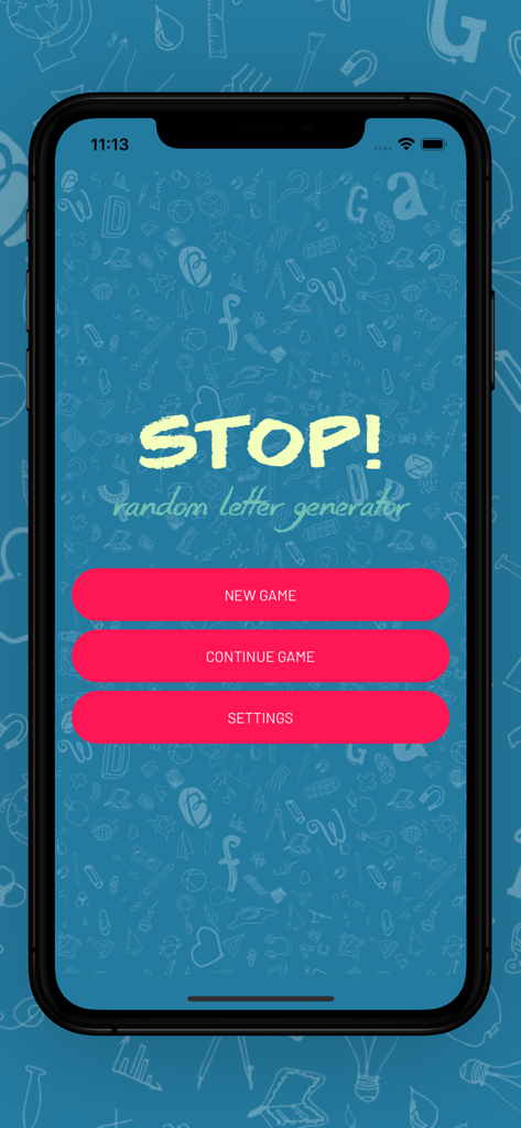 La pantalla de inicio de la aplicación Stop Random Letter Generator con opciones de Nuevo Juego y Configuración