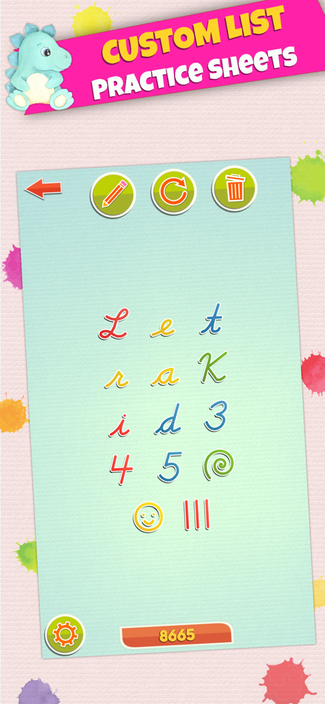 LetraKid PRO - Cursive Writing - Interface of LetraKid PRO showing a custom handwriting practice sheet with cursive letters and numbers