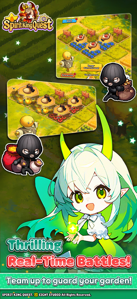 A promotional screenshot of Spirit King Quest featuring an anime character and real-time garden defense gameplay.