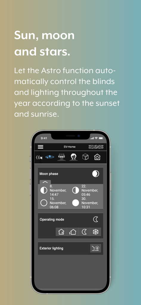 Smart Visu Server - 日の出と日の入りに基づいた自動ホーム照明とブラインドコントロールのためのAstro機能が表示されたSmart Visu Serverアプリインターフェース