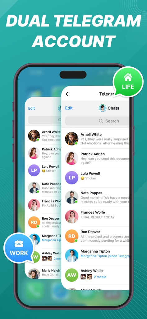 Dual Chat Messenger - GB App - Interface of the Dual Chat Messenger app showing separate Telegram accounts labeled for work and life on a single smartphone screen