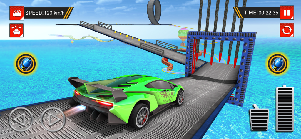 Drive Real Car Games - A green sports car driving on a stunt track over the ocean in Drive Real Car Games