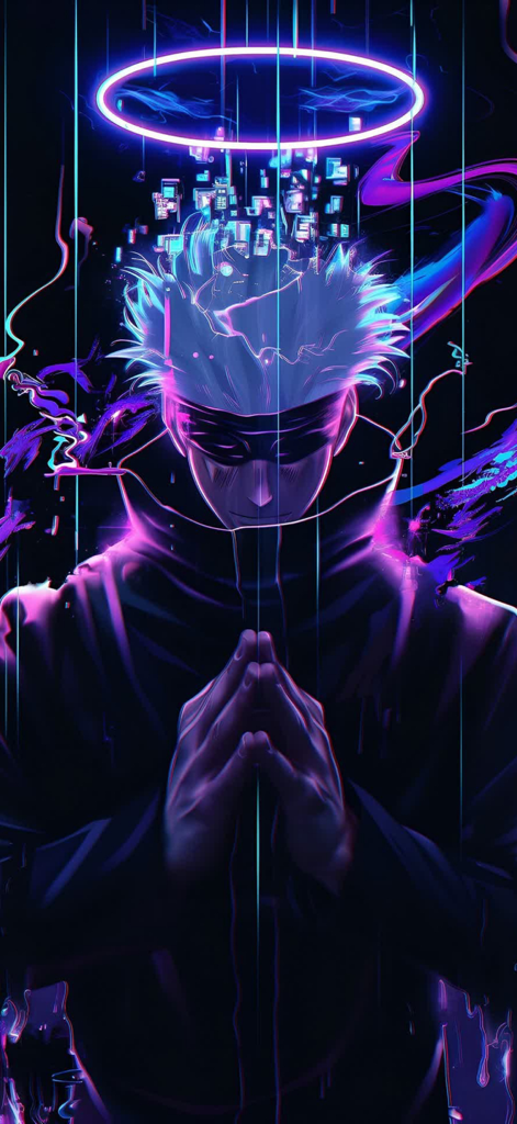 Top Anime Wallpaper - Live - Arte digital vibrante de neón de Satoru Gojo de Jujutsu Kaisen con un halo brillante