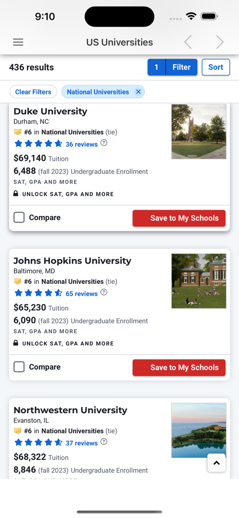 Rate My Prof Combo - Mobile screen showing a list of top US universities with rankings tuition fees and student reviews