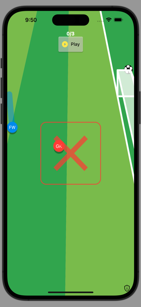 Striker!! - Minimalist soccer game screen featuring a striker and goalkeeper represented by simple colored circles on a green field