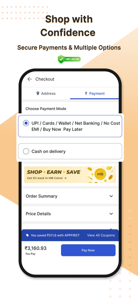 Medikabazaar-Medical Supplies - Medikabazaar app checkout screen showing secure payment options including cards and EMI for medical supplies.