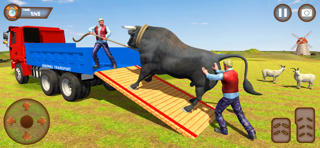 Animal Games : Truck Simulator - Two game characters loading a large bull onto a transport truck in a rural farm setting.