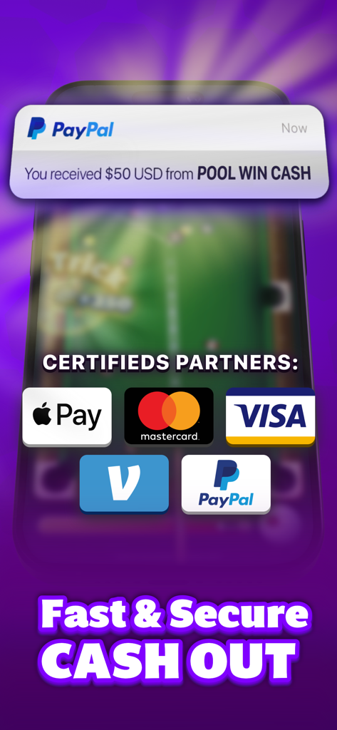 A mobile screen showing a PayPal notification for a fifty dollar reward and logos for secure payment partners like Apple Pay and Visa