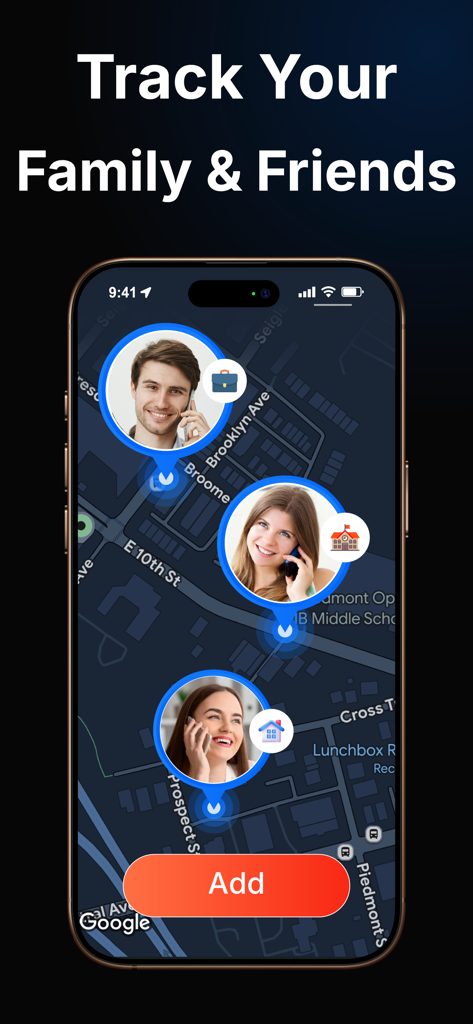 家族や友人の場所を追跡するピンが地図上に表示されているモバイルアプリのインターフェース