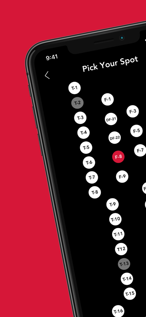 Barry’s - Uma interface móvel para a aplicação Barry’s mostrando o layout de um estúdio para escolher um lugar específico de treino.