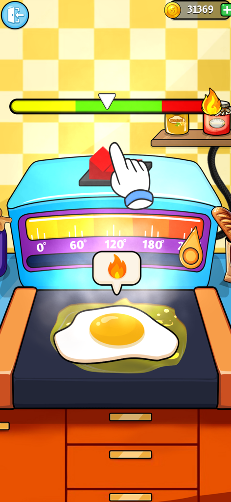 A cooking game screen showing a fried egg on a stovetop with a heat gauge