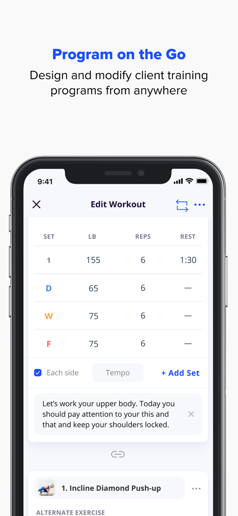 Everfit for Coach - Interface of the Everfit for Coach app showing a workout editor with set details and trainer notes.
