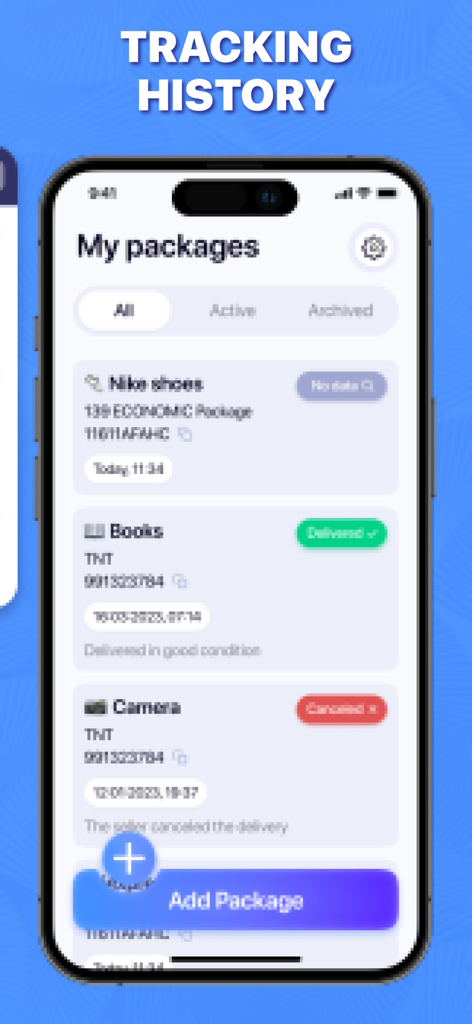 Package & Delivery Tracker - Schermata della cronologia del tracciamento dei pacchi con etichette di stato della consegna