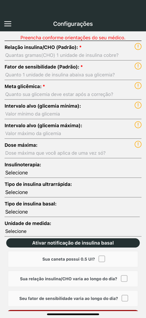 The configuration settings screen in the Insulin Calculator app for inputting insulin and glucose targets