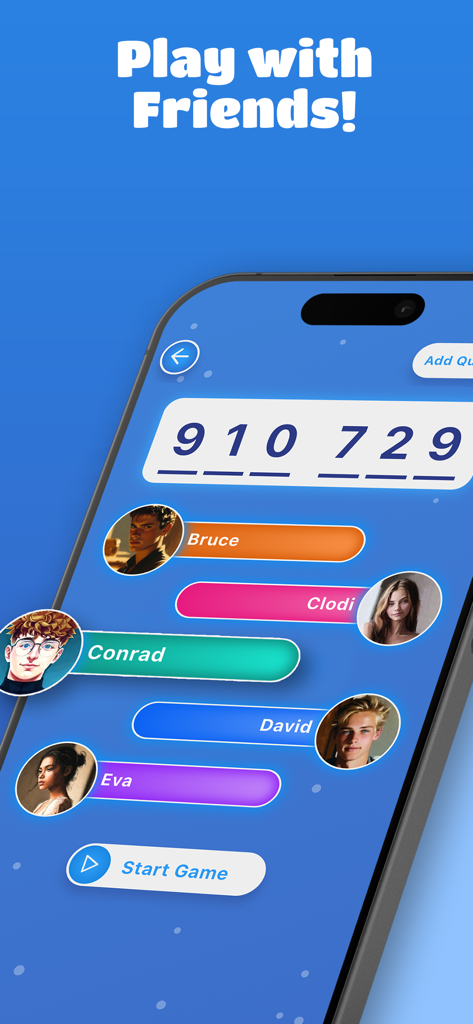 Most Likely To - Party App - Pantalla de inicio del juego Most Likely To party app mostrando amigos conectados y un botón para iniciar el juego