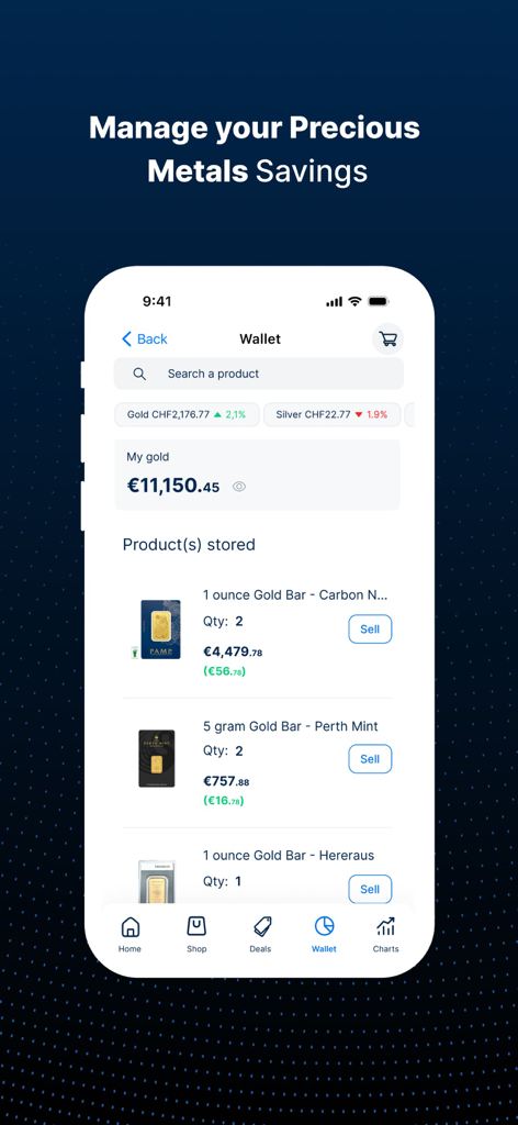 Gold Avenue app wallet screen showing gold and silver investment portfolio