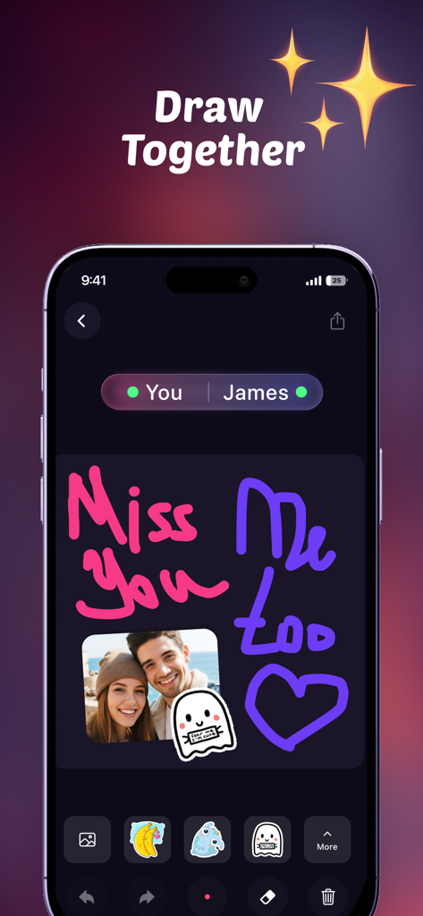 Cuties: App for Couples - Uma interface móvel mostrando o recurso Desenhar Juntos para casais com mensagens e adesivos escritos à mão.