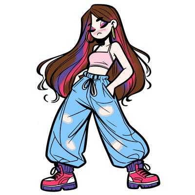 girl in baggy pants crop top and long hair