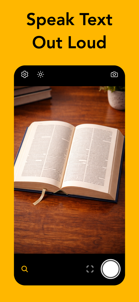 Magnifying Glass Flashlight - Interface of the Magnifying Glass Flashlight app showing an open book with the Speak Text Out Loud feature enabled