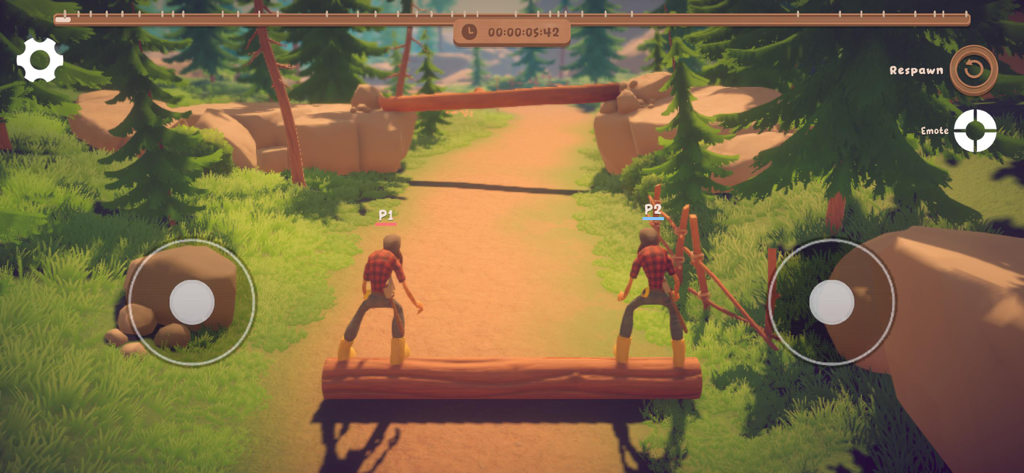 Log Riders - 協力ゲームセッション中、森の環境で丸太の上でバランスを取る2人の木こりキャラクター。