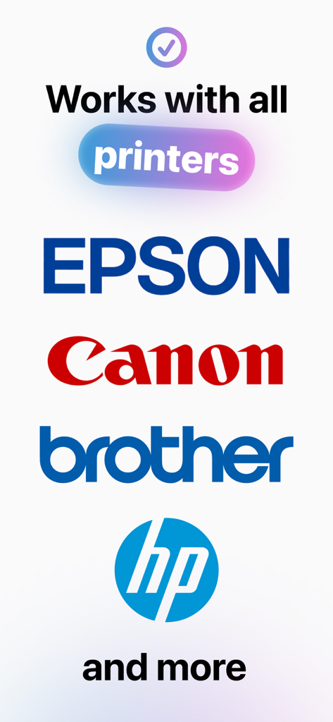 Photo Printer - Print to Size - Logotipos de marcas de impresoras compatibles, incluidas Epson, Canon, Brother y HP.