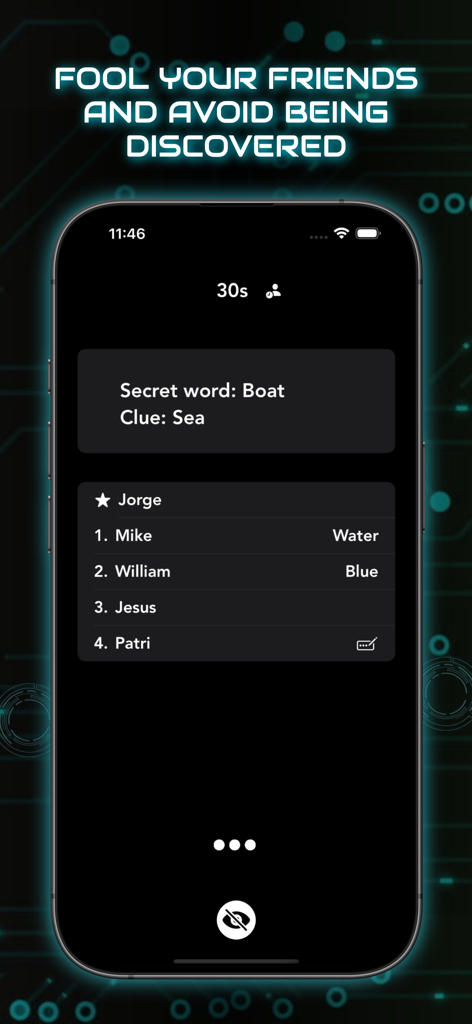 Gameplay screen of Imposter Party showing players providing word clues to identify the imposter