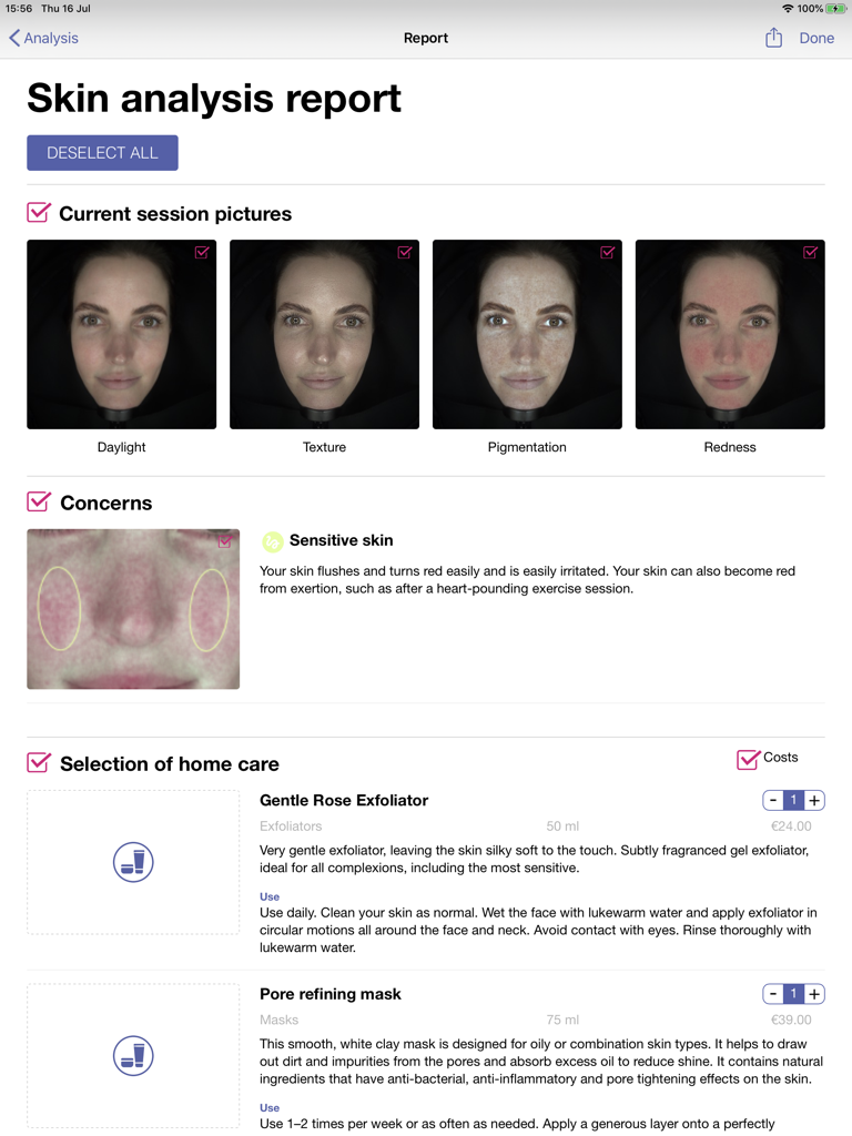 OBSERV 320 - A comprehensive digital skin analysis report on an iPad displaying session photos, skin concerns like sensitivity, and personalized home care product recommendations.