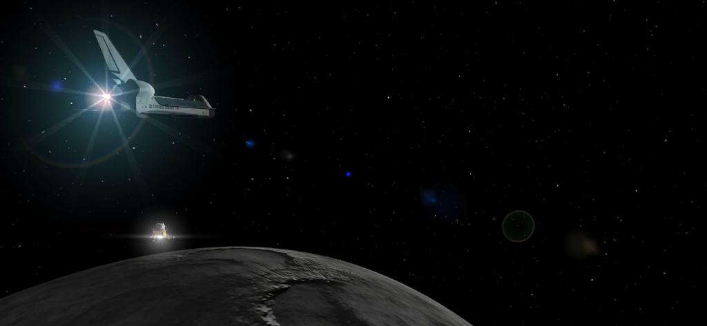 Space Shuttle und Mondlandefähre umkreisen den Mond in einem VR-Simulator
