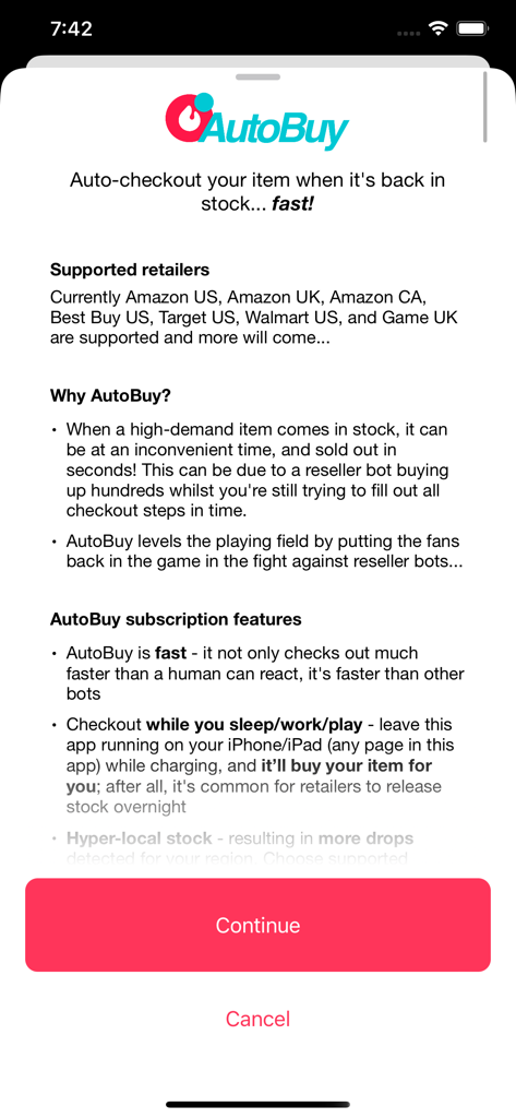 Explanation of the AutoBuy automated checkout feature in the HotStock app