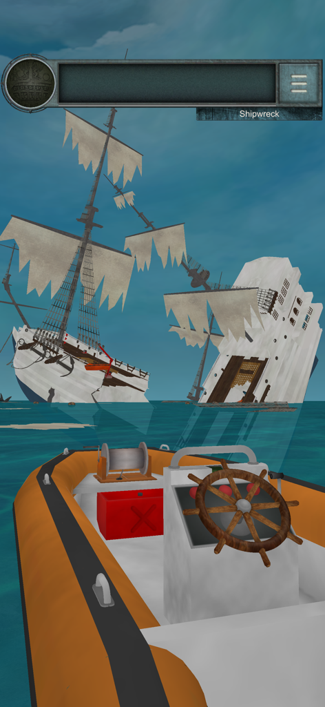 Vista en primera persona desde un pequeño bote que se dirige hacia grandes naufragios en el océano