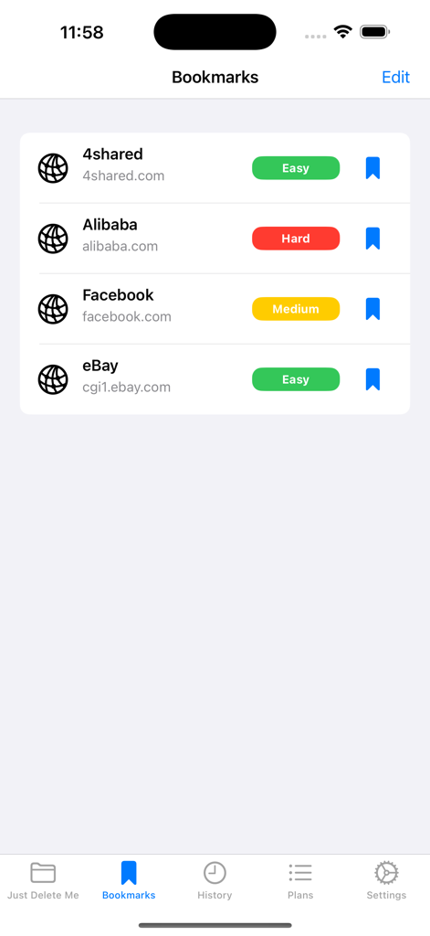 Just Delete Me app Bookmarks screen showing account deletion difficulty levels for 4shared, Alibaba, Facebook, and eBay.